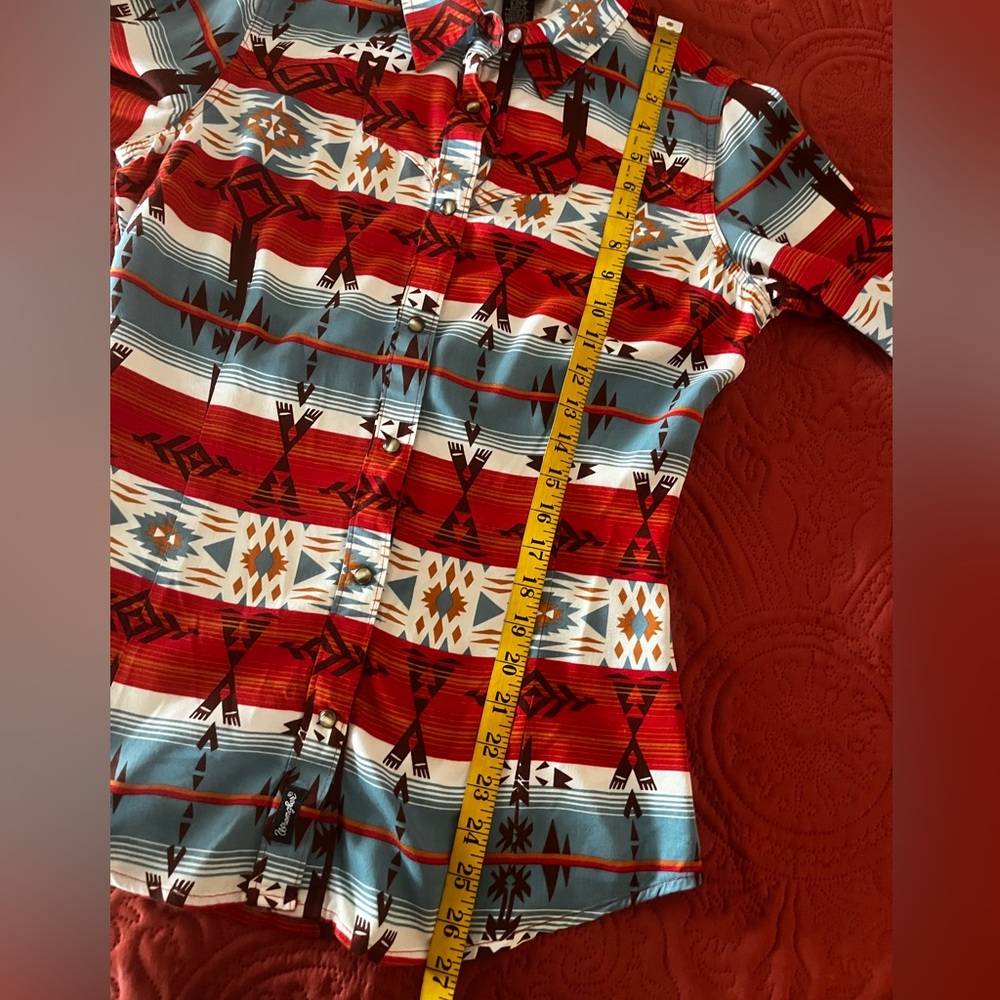 Wrangler Retro Teal Red Brown Southwest Aztec Pearl Snap Western Shirt, Size S - Picture 15 of 15